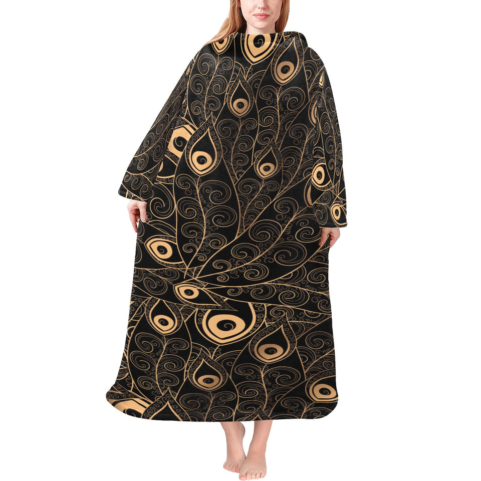 Gold peacock feather pattern Blanket Robe with Sleeves