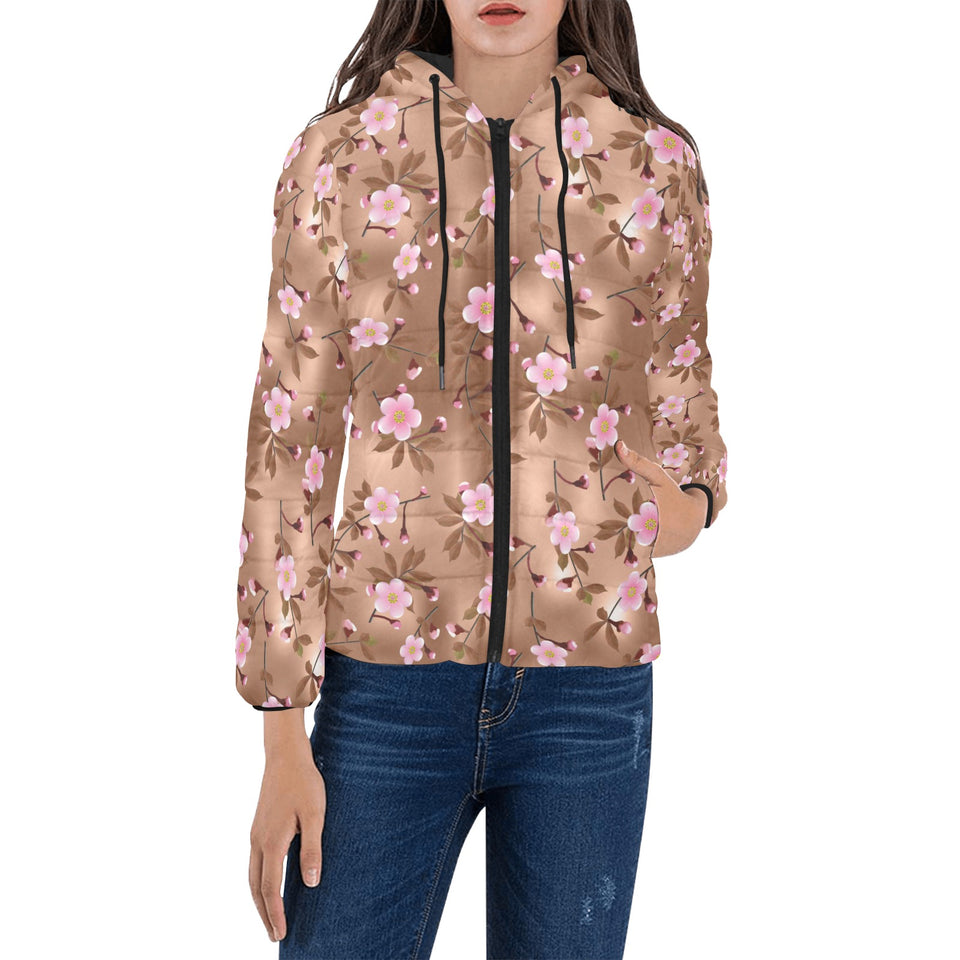 Pink sakura cherry blossom drak brown background Women's Padded Hooded Jacket