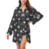 Piano Pattern Print Design 05 Women's Long Sleeve Belted Night Robe