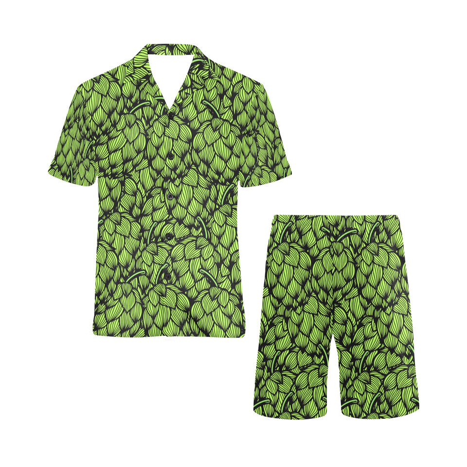 Green hop pattern Men's V-Neck Short Pajama Set
