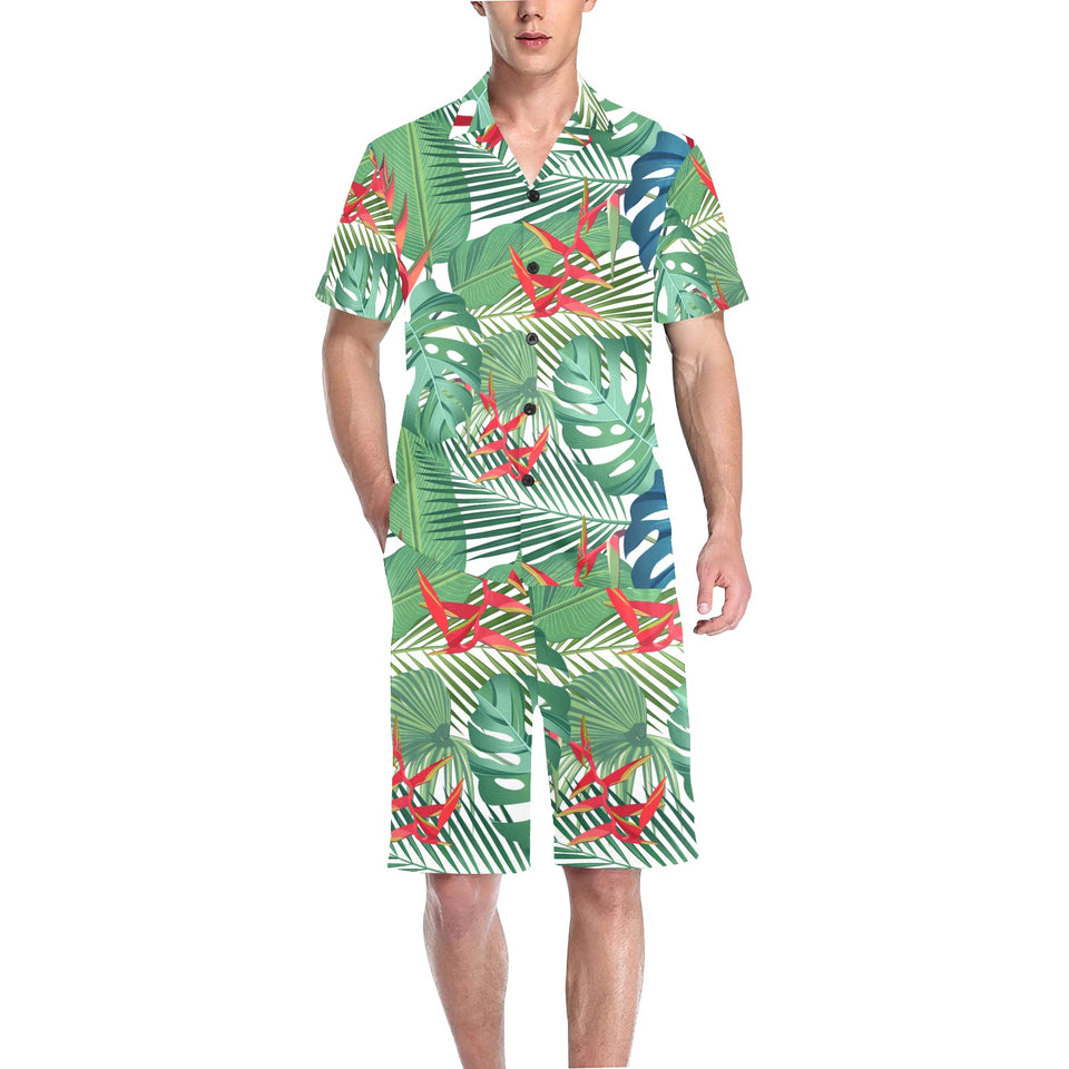 heliconia palm and monstera leaves pattern Men's V-Neck Short Pajama Set