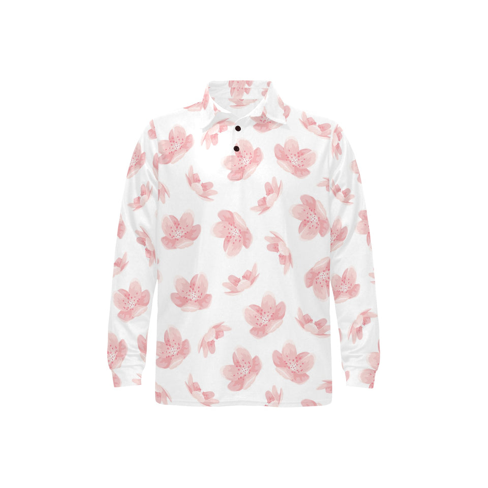 Pink sakura cherry blossom pattern Men's Long Sleeve Polo Shirt