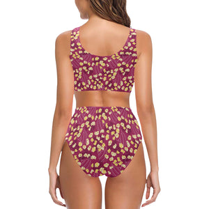 Popcorn Pattern Print Design 02 Chest Bowknot High Waisted Bikini Swimsuit