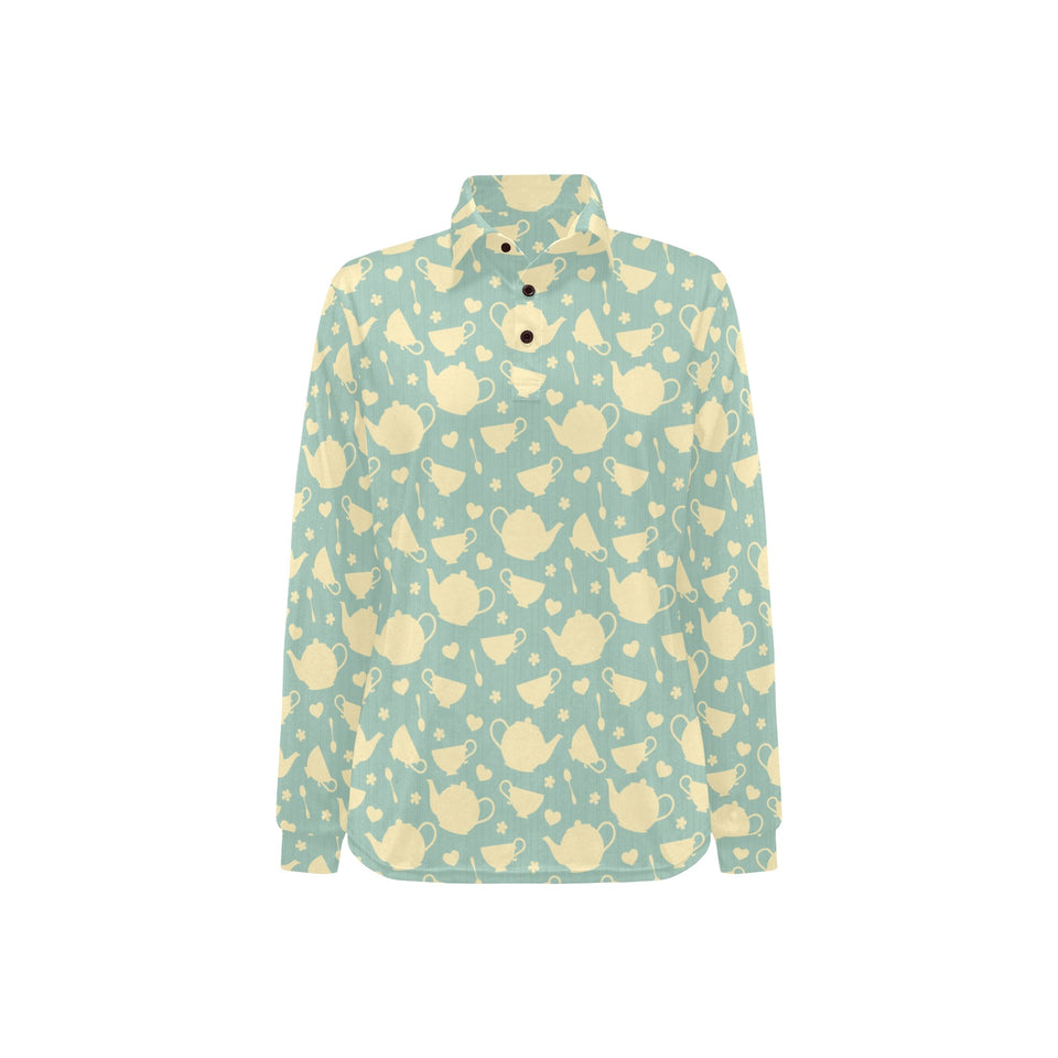 Tea pots Pattern Print Design 02 Women's Long Sleeve Polo Shirt
