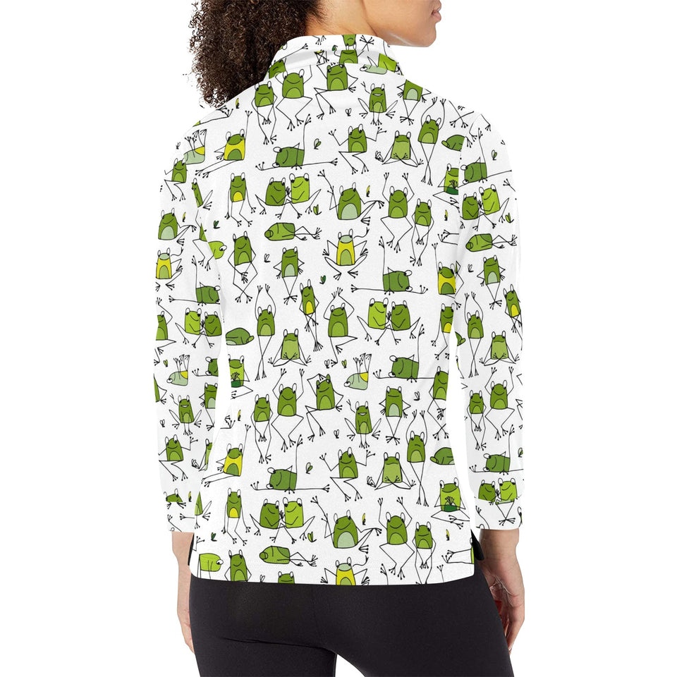 Sketch funny frog pattern Women's Long Sleeve Polo Shirt