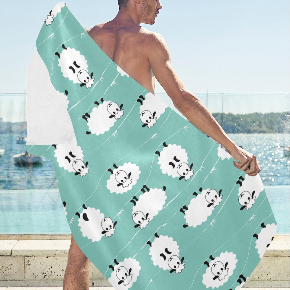 Cute sheep green background Beach Towel