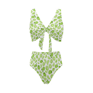Lime design pattern Chest Bowknot High Waisted Bikini Swimsuit