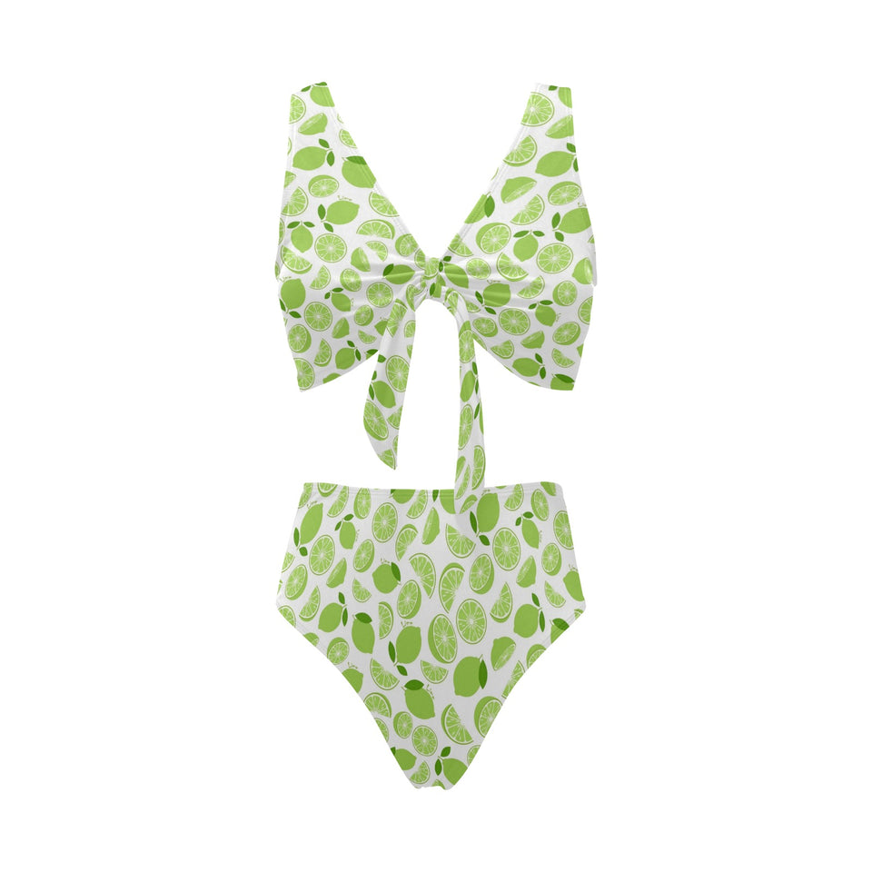 Lime design pattern Chest Bowknot High Waisted Bikini Swimsuit