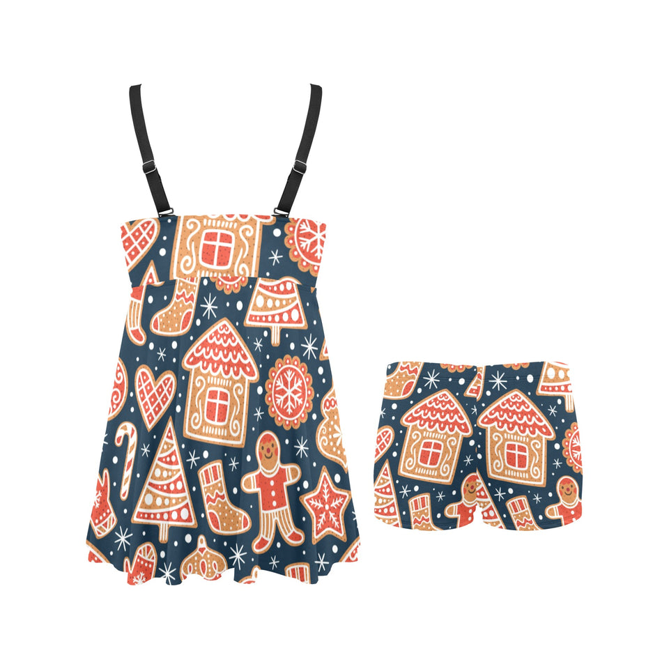 Christmas gingerbread cookie pattern Chest Sexy Pleated Two Piece Swim Dress
