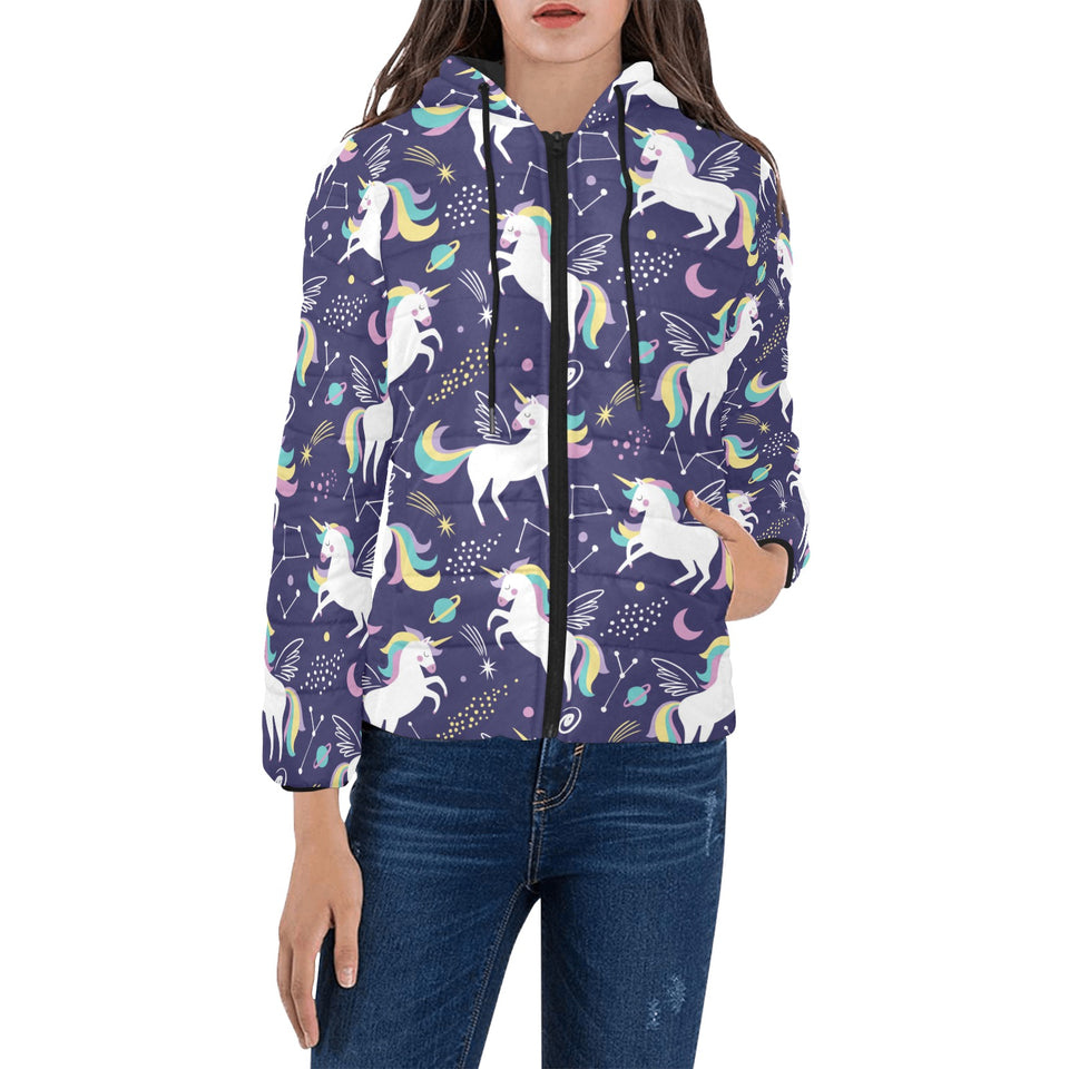 Hand drawn cute unicorn star planet Women's Padded Hooded Jacket