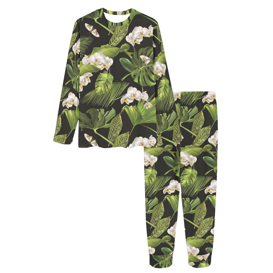 White orchid flower tropical leaves pattern blackg Women's All Over Print Pajama Set