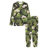 White orchid flower tropical leaves pattern blackg Women's All Over Print Pajama Set