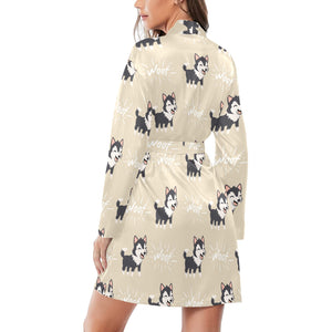 Cute Siberian Husky Women's Long Sleeve Belted Night Robe