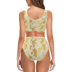 Gold grape pattern Chest Bowknot High Waisted Bikini Swimsuit