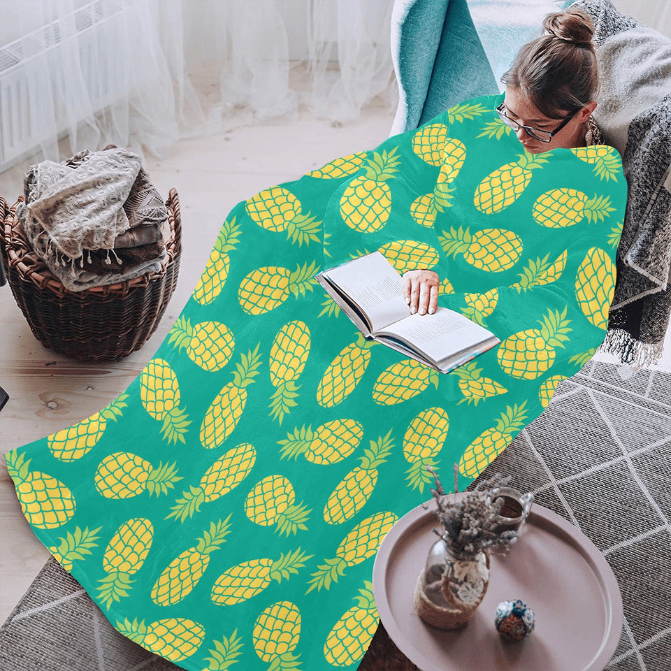 Pineapples pattern green background Blanket Robe with Sleeves