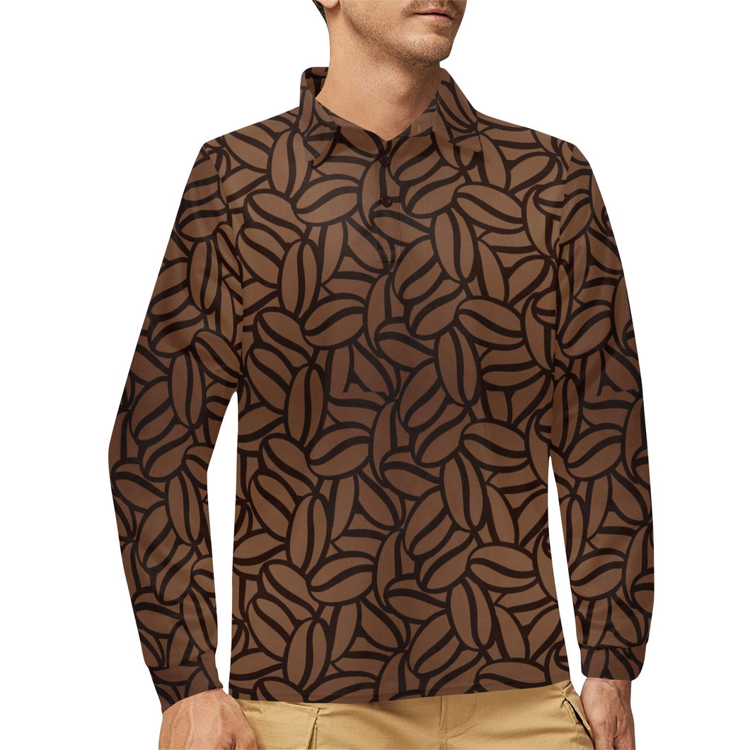 coffee bean pattern Men's Long Sleeve Polo Shirt