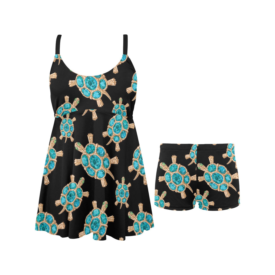 Sea turtle blue stone pattern Chest Sexy Pleated Two Piece Swim Dress