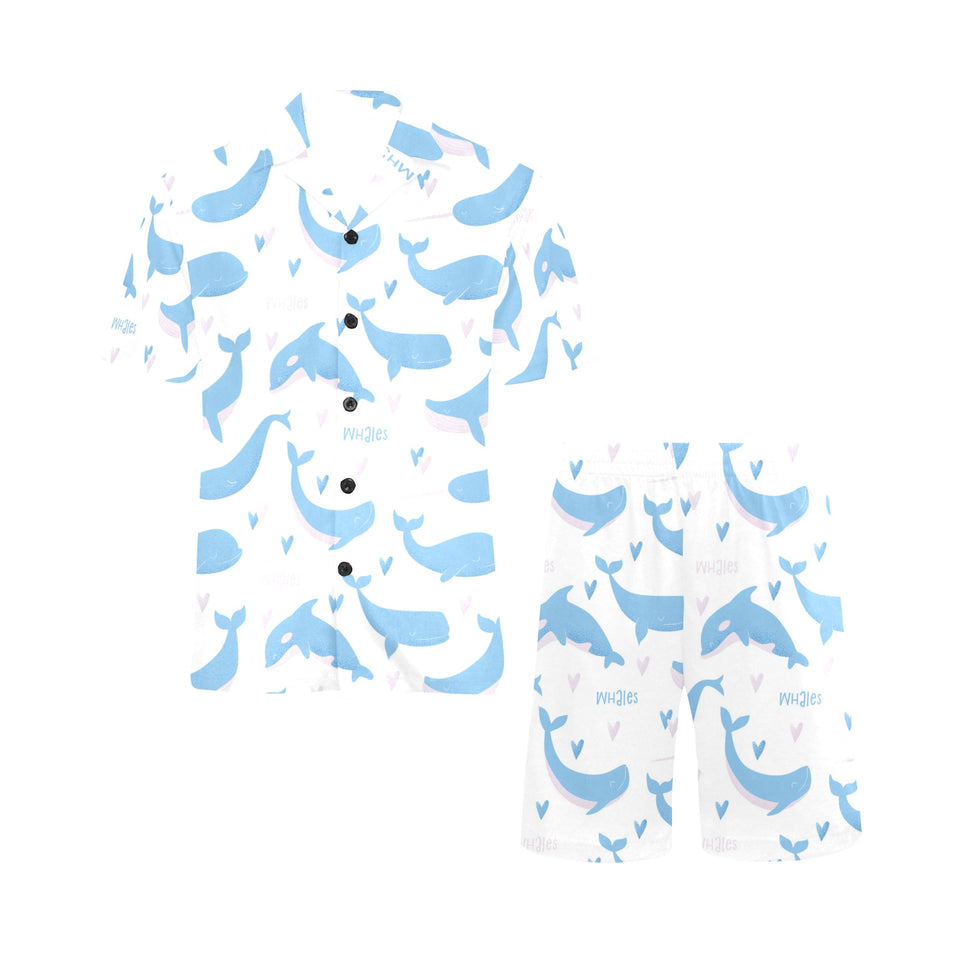 Blue whale pattern Men's V-Neck Short Pajama Set