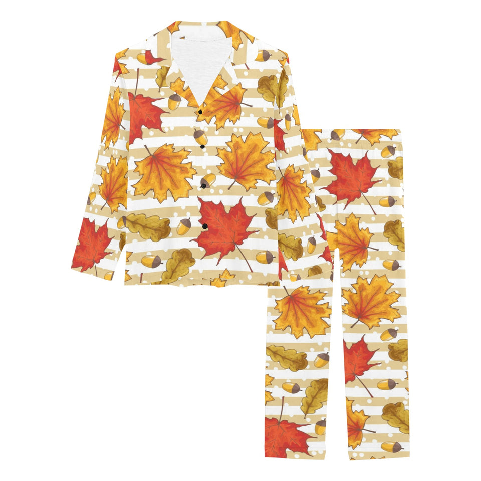 Maple leaf oak leaf acorns beige striped backgroun Women's Long Pajama Set