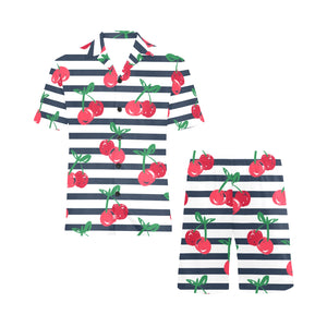 Hand drawn cherry pattern striped background Men's V-Neck Short Pajama Set