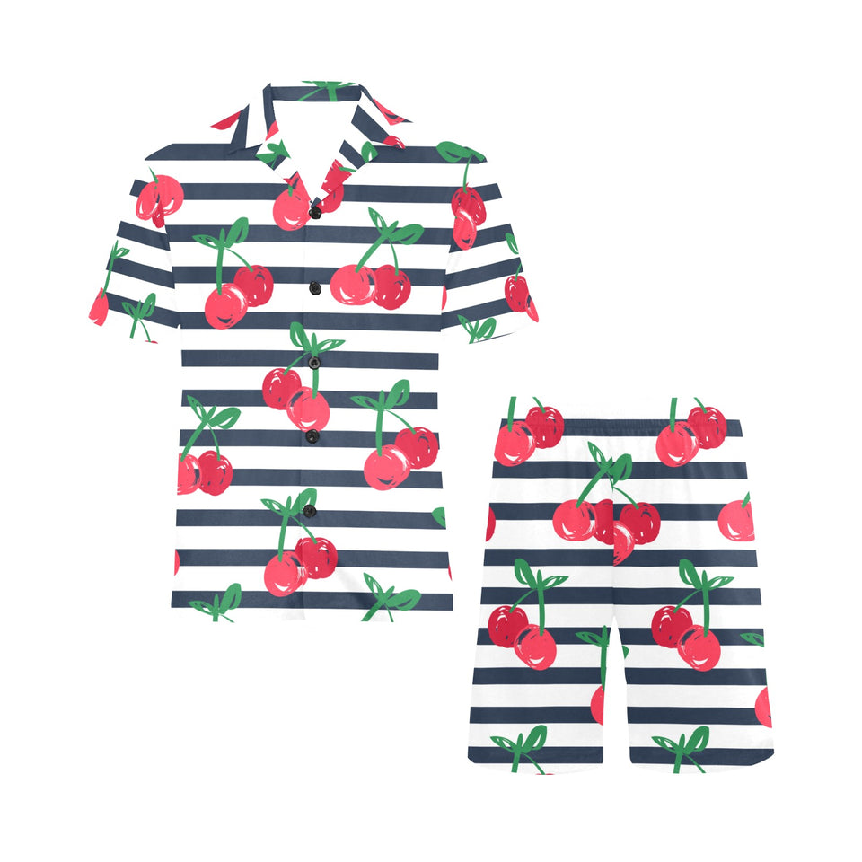 Hand drawn cherry pattern striped background Men's V-Neck Short Pajama Set