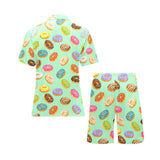 Colorful donut pattern green background Men's V-Neck Short Pajama Set