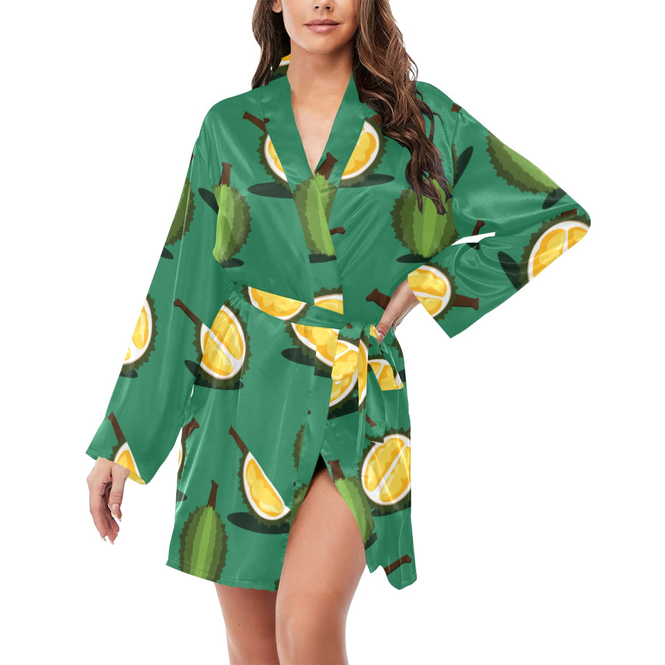 Durian pattern green background Women's Long Sleeve Belted Night Robe