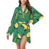 Durian pattern green background Women's Long Sleeve Belted Night Robe