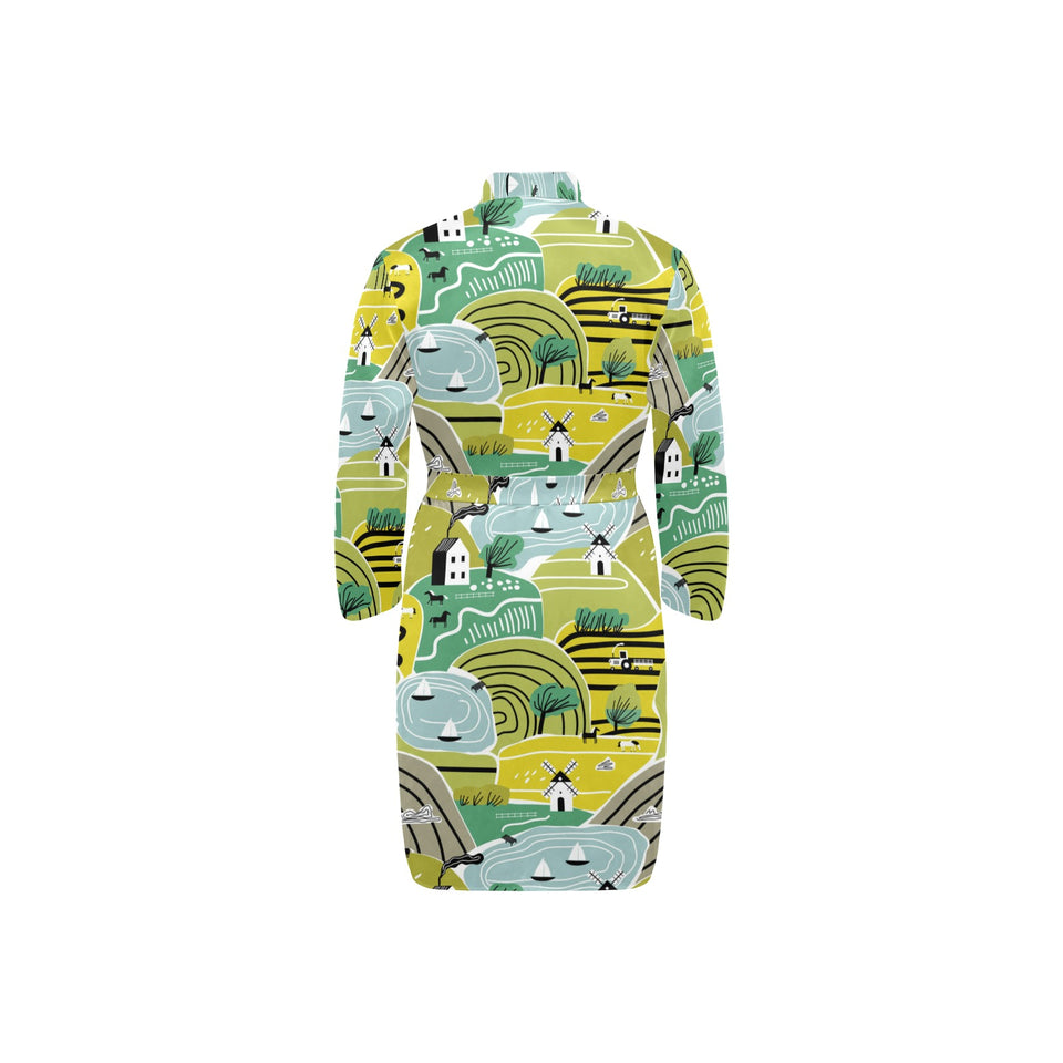 Hand drawn windmill pattern Men's Long Sleeve Belted Night Robe