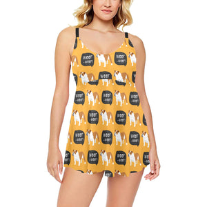 English Bulldog Pattern Print Design 04 Chest Sexy Pleated Two Piece Swim Dress