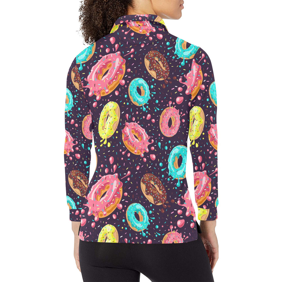 Colorful donut glaze pattern Women's Long Sleeve Polo Shirt