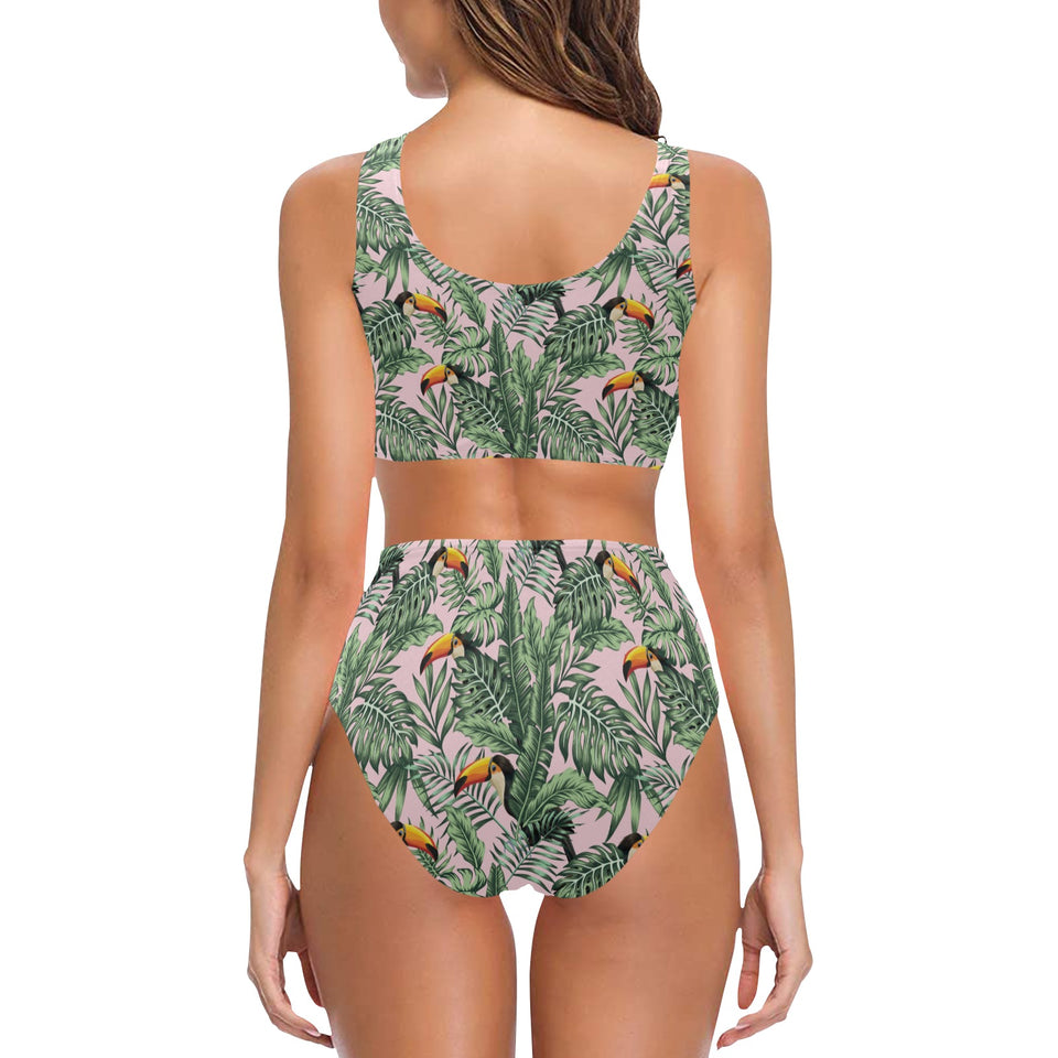 Toucan tropical green jungle palm pattern Chest Bowknot High Waisted Bikini Swimsuit