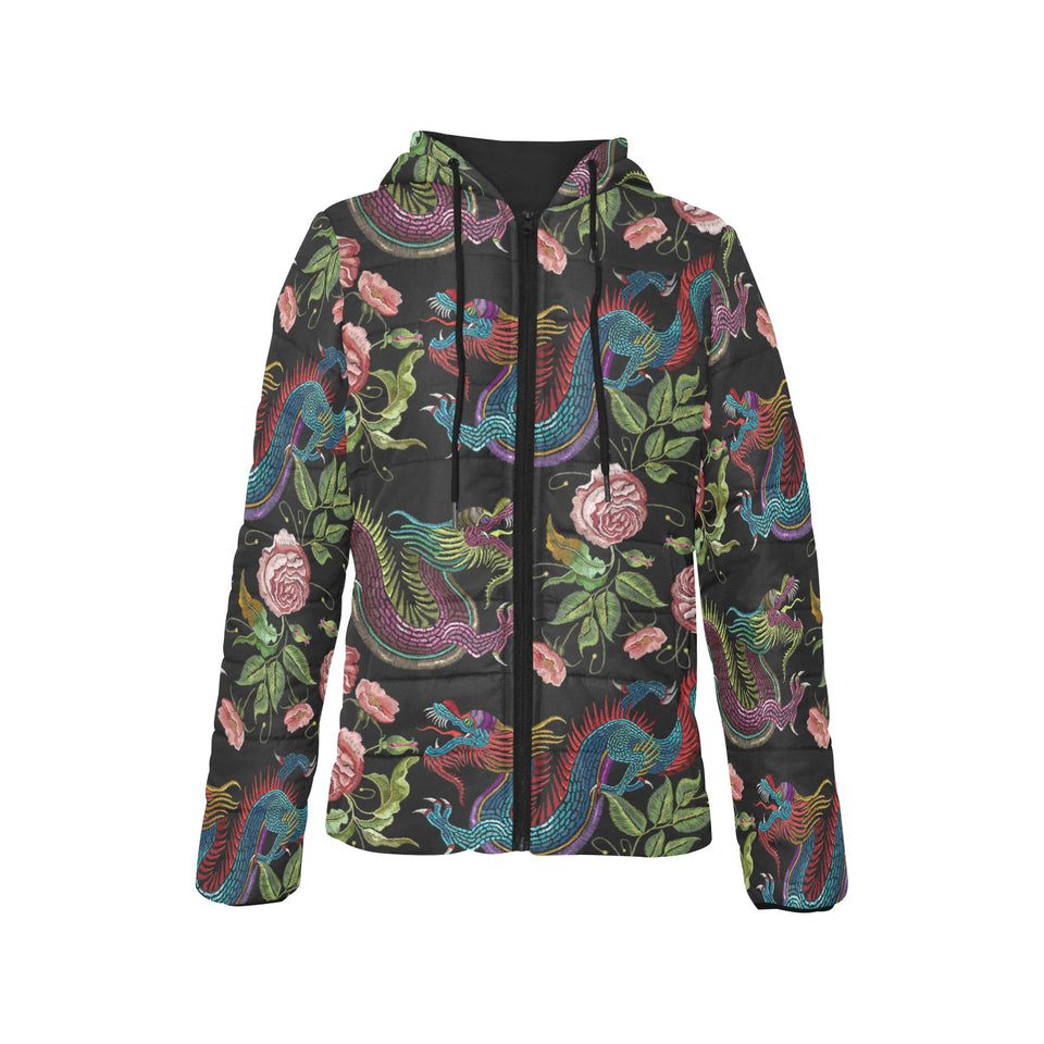 Dragons flower pattern Women's Padded Hooded Jacket