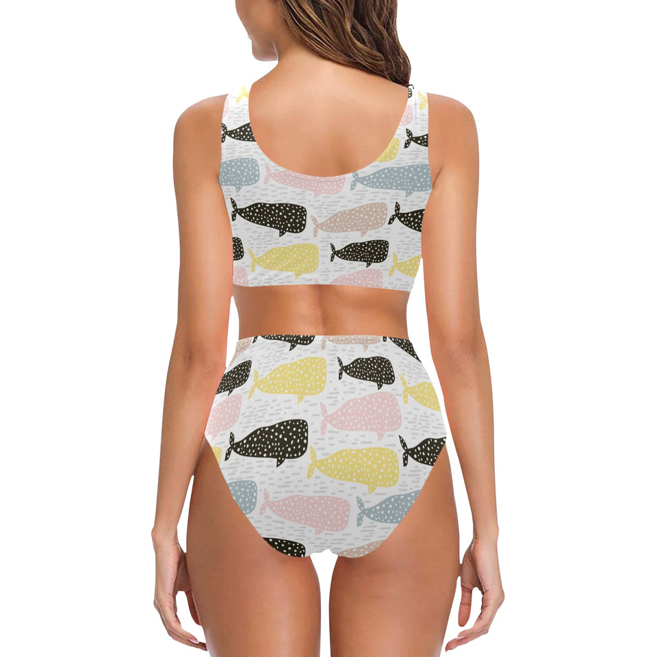 Whale dot pattern Chest Bowknot High Waisted Bikini Swimsuit