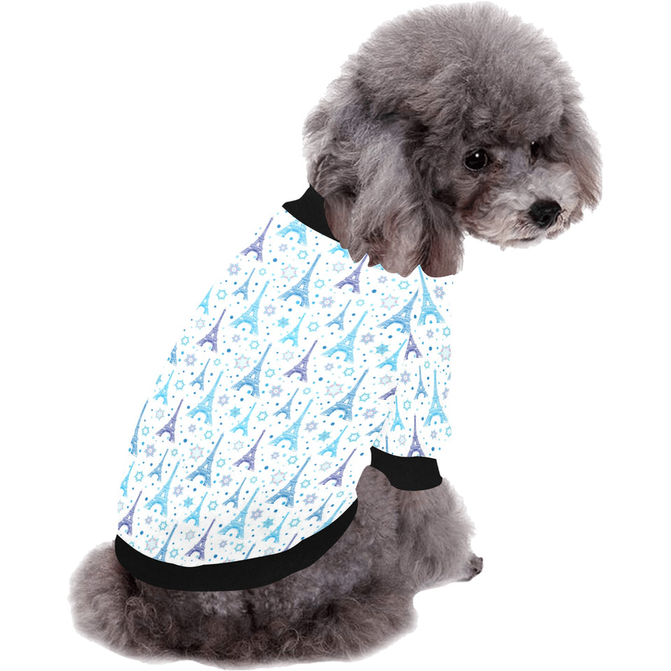 Blue Eiffel Tower Theme Pattern Print Design 01 All Over Print Pet Dog Round Neck Fuzzy Shirt