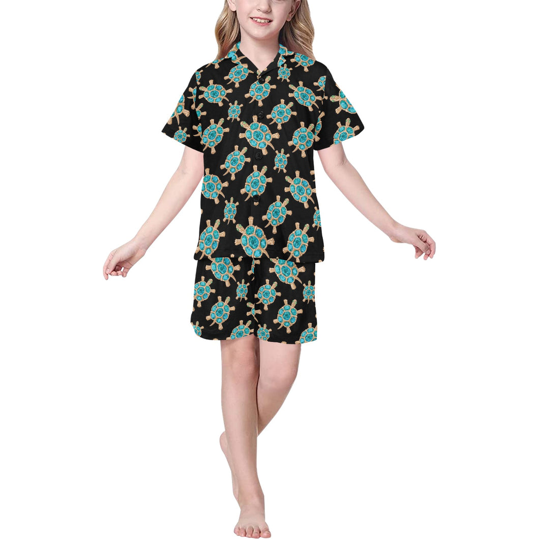 Sea turtle blue stone pattern Kids' Boys' Girls' V-Neck Short Pajama Set