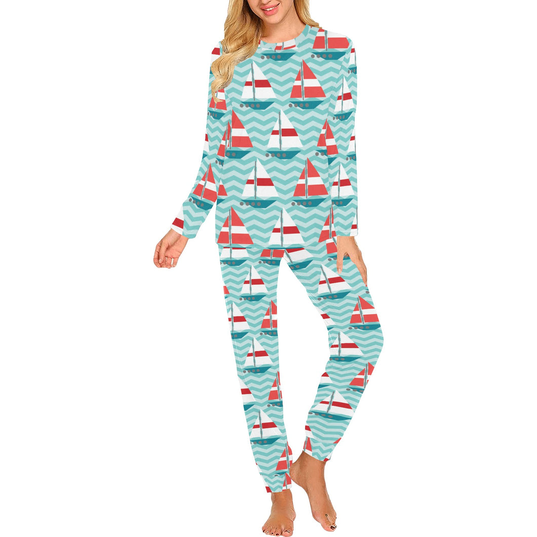 Red White sailboat wave background Women's All Over Print Pajama Set