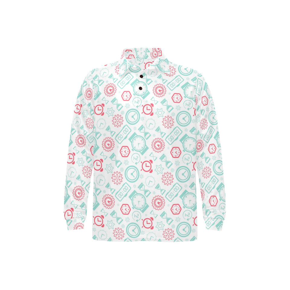 Clock time pattern blackground Men's Long Sleeve Polo Shirt