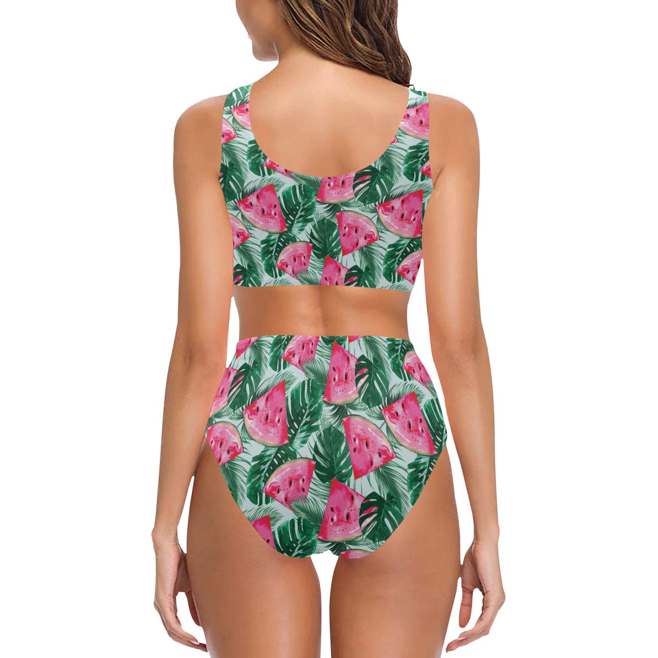 Watermelons tropical palm leaves pattern Chest Bowknot High Waisted Bikini Swimsuit