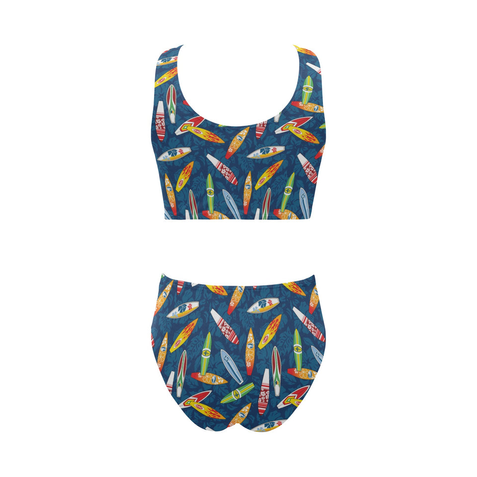 Surfboard Pattern Print Design 01 Chest Bowknot High Waisted Bikini Swimsuit