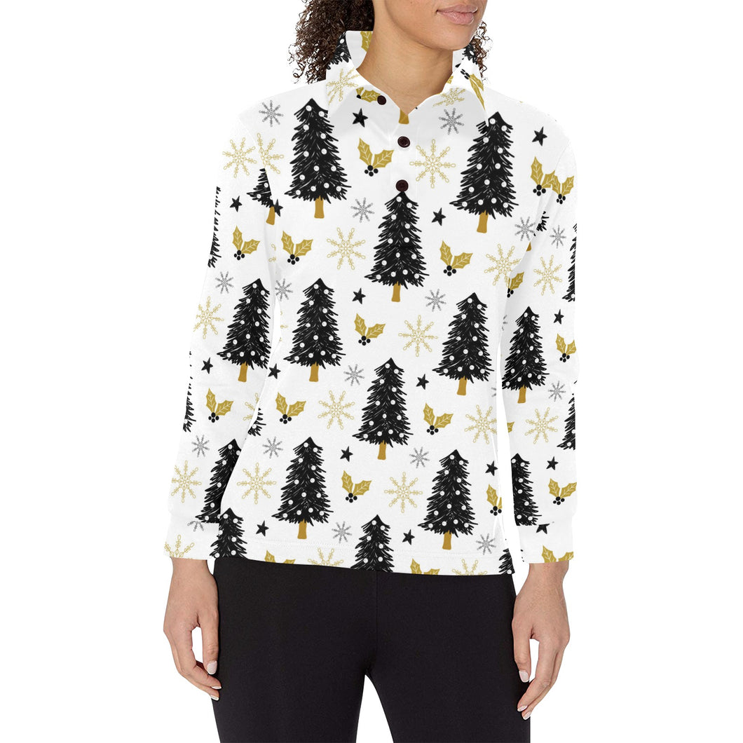 Christmas tree holly snow star pattern Women's Long Sleeve Polo Shirt