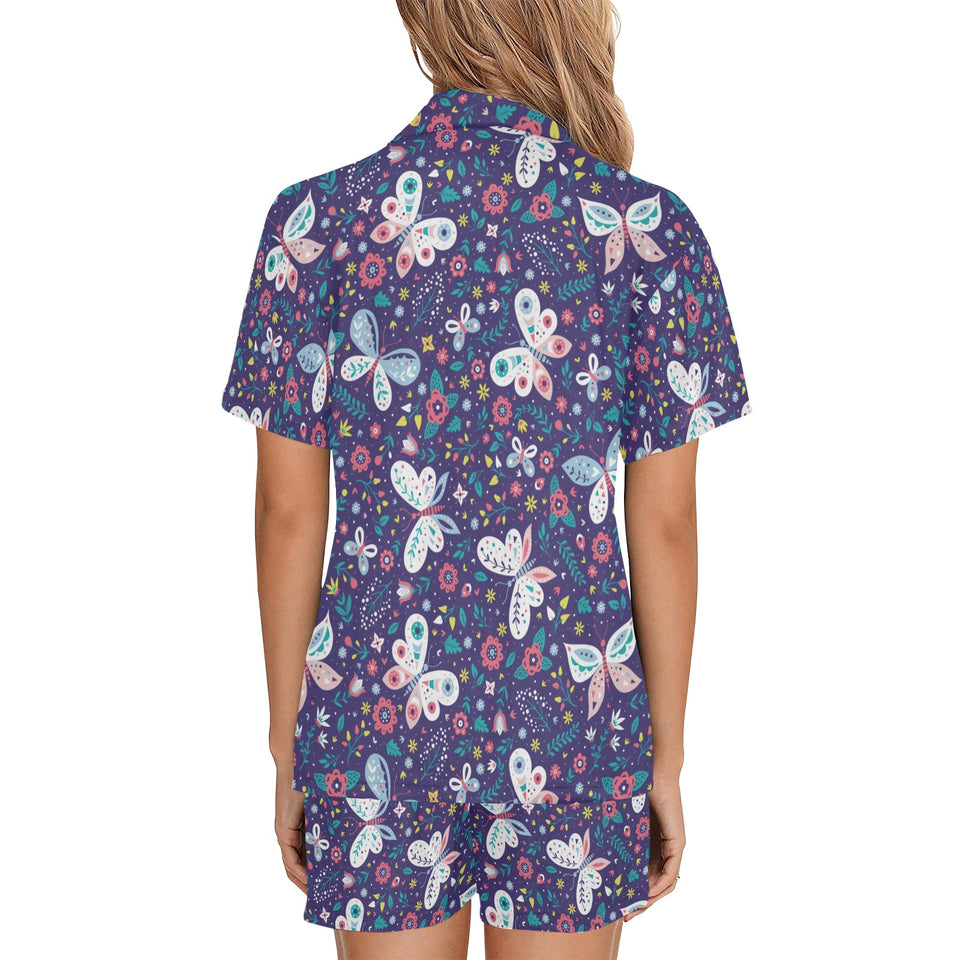 Colorful butterfly flower pattern.eps Women's V-Neck Short Pajama Set