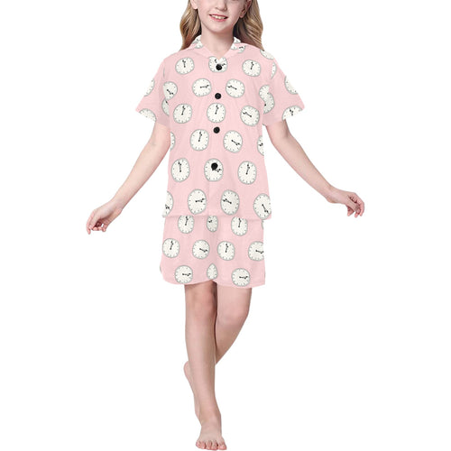 Clock pattern pink blackground Kids' Boys' Girls' V-Neck Short Pajama Set