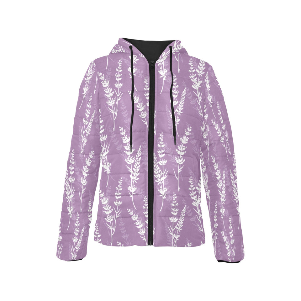 Lavender flowers purple pattern Women's Padded Hooded Jacket