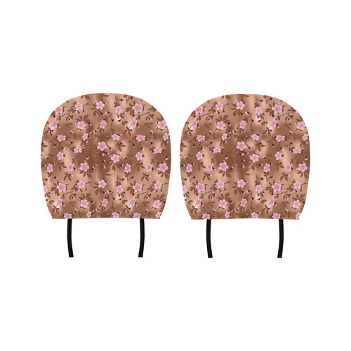 Pink sakura cherry blossom drak brown background Car Headrest Cover