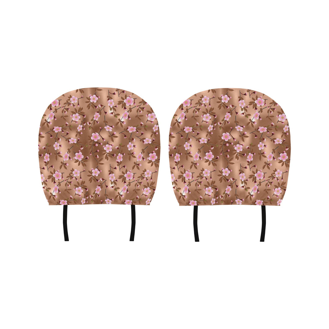 Pink sakura cherry blossom drak brown background Car Headrest Cover