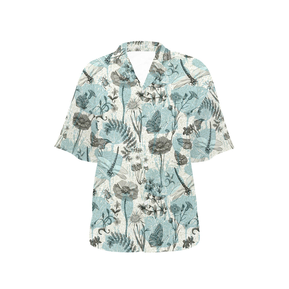 Dragonfly Butterfly Plants insect flower vintage s Women's All Over Print Hawaiian Shirt