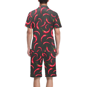 Chili peppers pattern black background Men's V-Neck Short Pajama Set