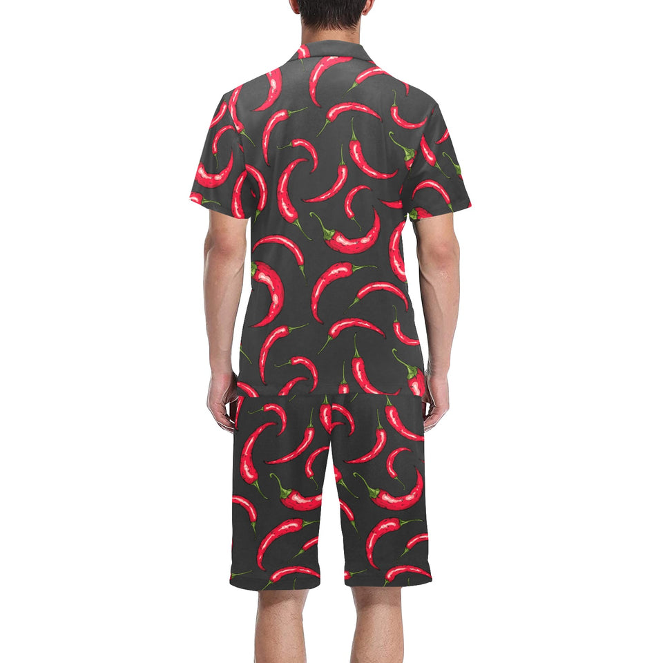 Chili peppers pattern black background Men's V-Neck Short Pajama Set