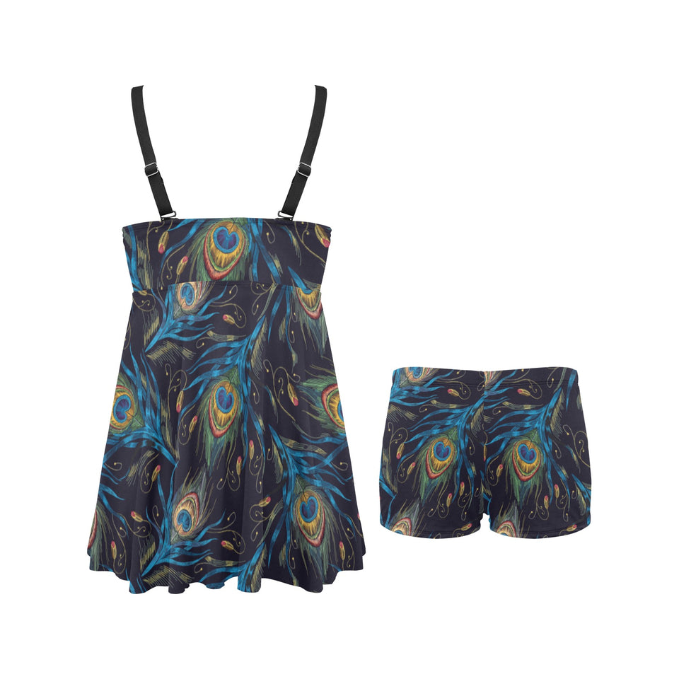 Beautiful peacock feather pattern Chest Sexy Pleated Two Piece Swim Dress